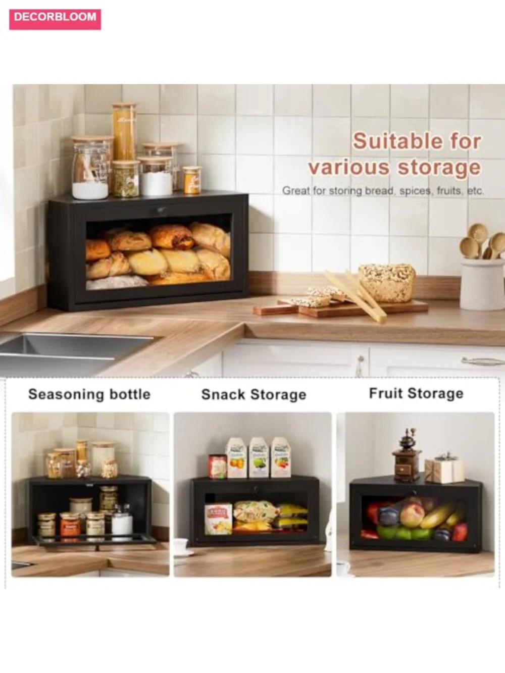 Corner Bamboo Bread Box Kitchen Countertop Storage Airtight Magnetic